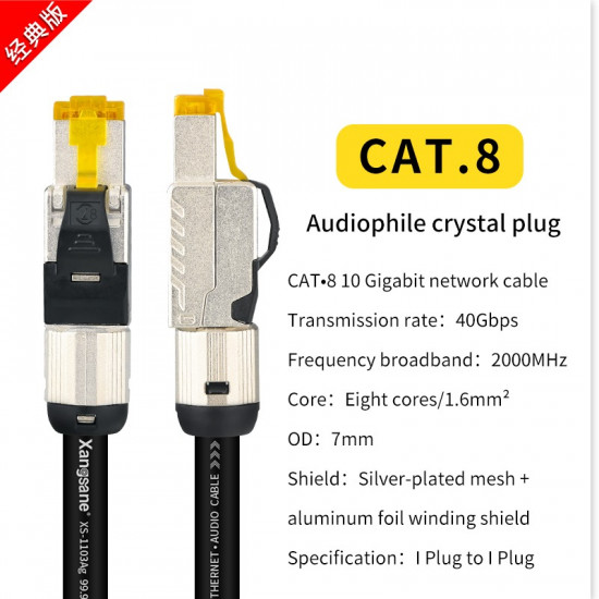 Pure Silver Cat 8 Network Cable Hifi Ethernet Cable 10 Gigabit Network 40Gbps2000MHz Crystal Plug Imported From Germany